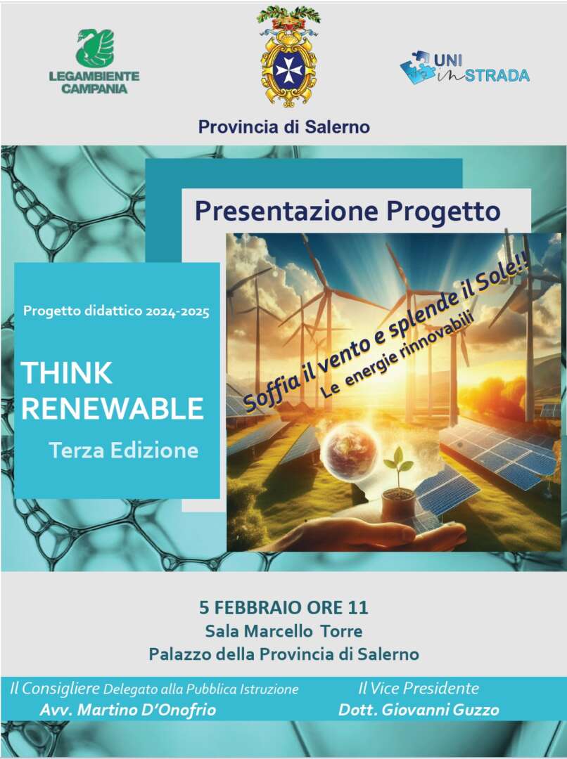 Provincia di Salerno, terza edizione di “Think renewable”: il 5 febbraio a Palazzo Sant’Agostino