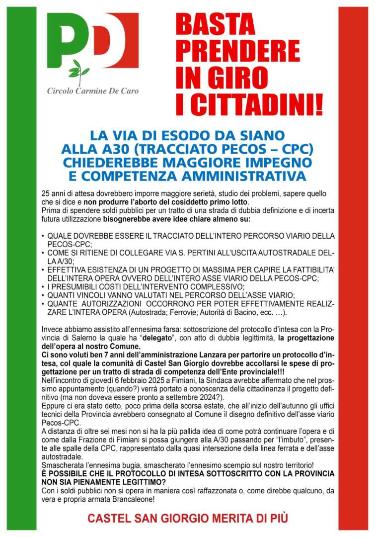 Via di esodo da Siano alla A30, l’ira dei componenti del Pd di Castel San Giorgio: “Basta prendere in giro i cittadini”